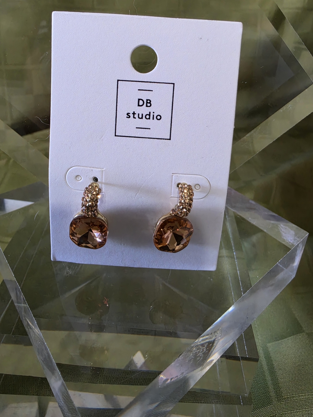 #1121 DB Studio Rose Gold Crystal Drop Earrings - Brown Stone